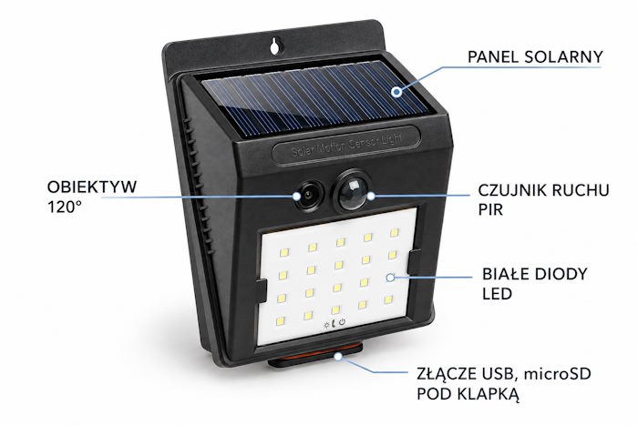 Lampa LED z mini kamerą, czujnikiem ruchu PIR i panelem solarnym